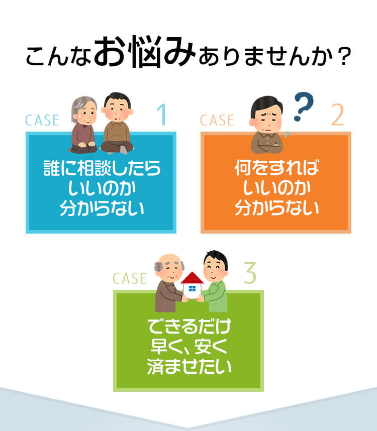 こんなお悩みありませんか？CASE1.誰に相談したらいいのか分からない CASE2.何をすればいいのか分からない CASE3.できるだけ早く、安く済ませたい