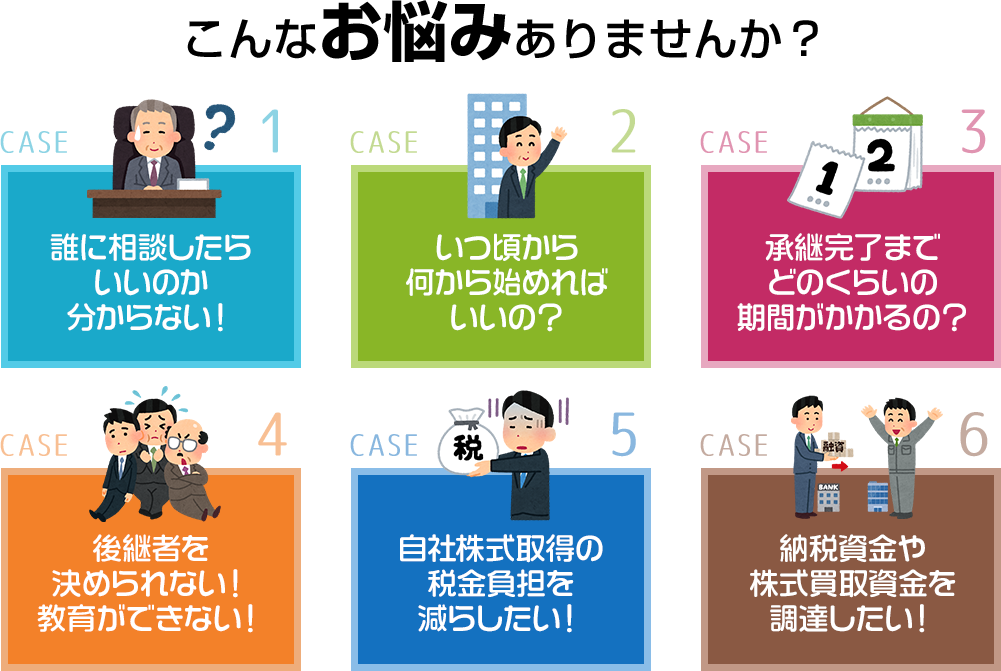 こんなお悩みありませんか？ CASE1.誰に相談したらいいのか分からない！CASE2.いつ頃から何から始めればいいの？CASE3.承継完了までどのくらいの期間がかかるの？CASE4.後継者を決められない！教育ができない！CASE5.自社株式取得の税金負担を減らしたい！CASE6.納税資金や株式買取資金を調達したい！