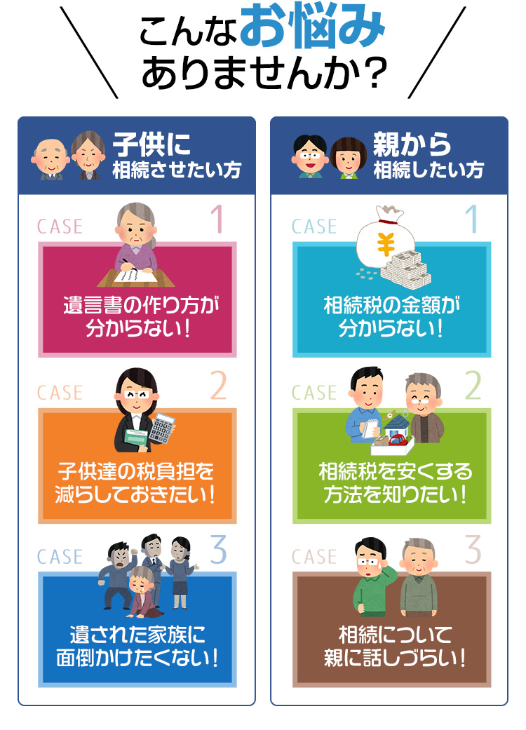 こんなお悩みありませんか？ 子供に相談させたい方CASE1.遺言書の作り方が分からない！CASE2.子供達の税負担を減らしておきたい！CASE3.遺された家族に面倒かけたくない！、親から相続したい方CASE1.相続税の金額が分からない！CASE2.相続税を安くする方法を知りたい！CASE3.相続について親に話しづらい