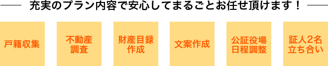 充実のプラン内容で安心してまるごとお任せ頂けます！戸籍収集・不動産調査・財産目録作成・文案作成・公証役場日程調整・証人2名立ち合い