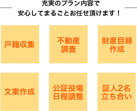 充実のプラン内容で安心してまるごとお任せ頂けます！戸籍収集・不動産調査・財産目録作成・文案作成・公証役場日程調整・証人2名立ち合い